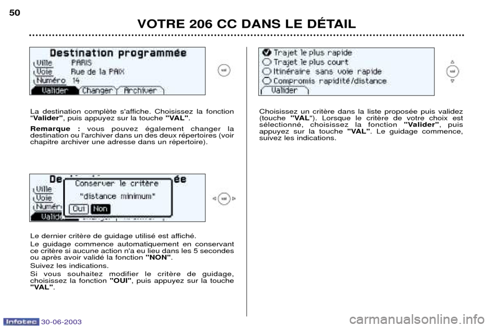 Peugeot 206 CC 2003  Manuel du propriétaire (in French) 30-06-2003
VOTRE 206 CC DANS LE DƒTAIL
50
La destination compl "Valider" , puis appuyez sur la touche "VAL".
Remarque : vous pouvez Žgalement changer la 
destination ou larchiver dans un des deux r