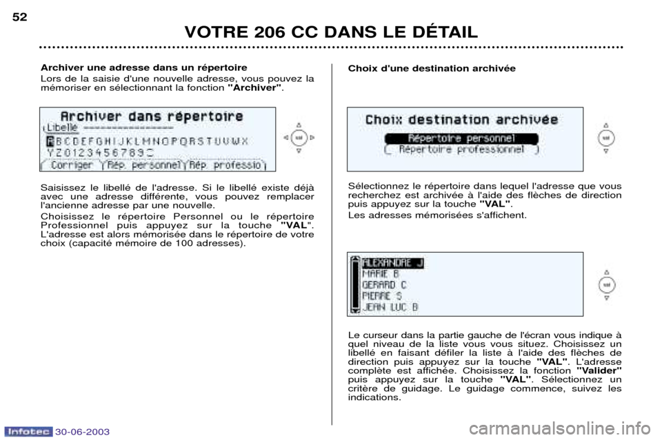 Peugeot 206 CC 2003  Manuel du propriétaire (in French) 30-06-2003
VOTRE 206 CC DANS LE DƒTAIL
52
Archiver une adresse dans un rŽpertoire Lors de la saisie dune nouvelle adresse, vous pouvez la mŽmoriser en sŽlectionnant la fonction"Archiver".
Saisiss