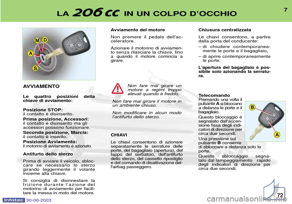 Peugeot 206 CC 2003  Manuale del proprietario (in Italian) 7LA IN UN COLPO DÕOCCHIO
72
Avviamento del motore Non premere il pedale dellac- celeratore. Azionare il motorino di avviamen- 
to senza rilasciare la chiave, fino
a quando il motore comincia agirare