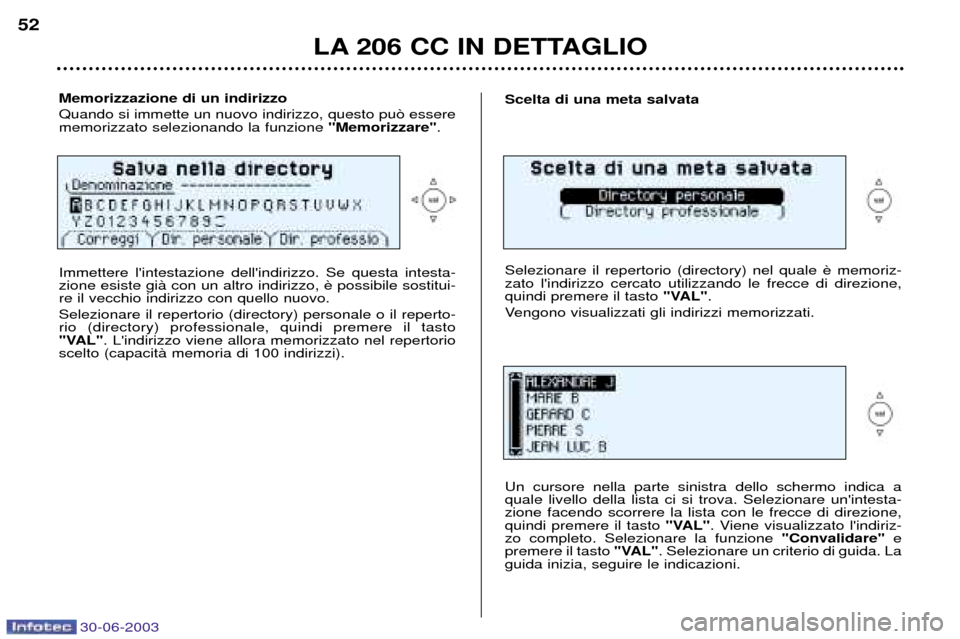 Peugeot 206 CC 2003  Manuale del proprietario (in Italian) 30-06-2003
LA 206 CC IN DETTAGLIO
52
Memorizzazione di un indirizzo Quando si immette un nuovo indirizzo, questo pu˜ essere memorizzato selezionando la funzione "Memorizzare".
Immettere lintestazion