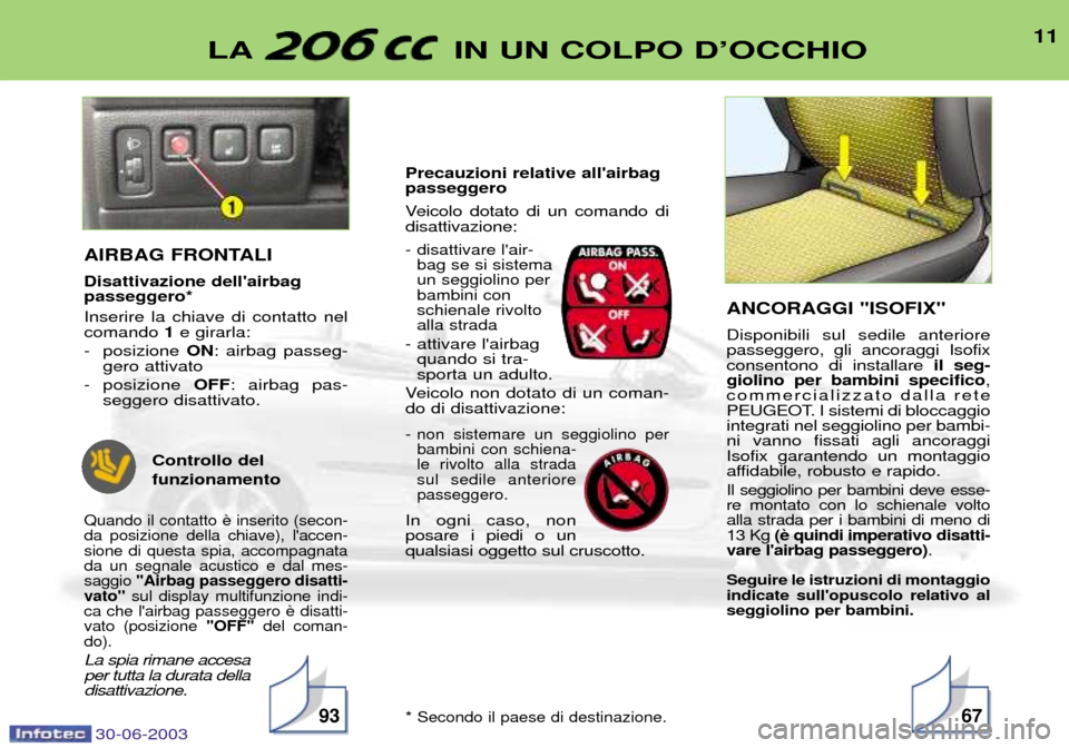 Peugeot 206 CC 2003  Manuale del proprietario (in Italian) 30-06-2003
11LA IN UN COLPO DÕOCCHIO
9367
AIRBAG FRONTALI Disattivazione dellairbag passeggero* Inserire la chiave di contatto nel comando 1e girarla:
- posizione  ON: airbag passeg-
gero attivato
-