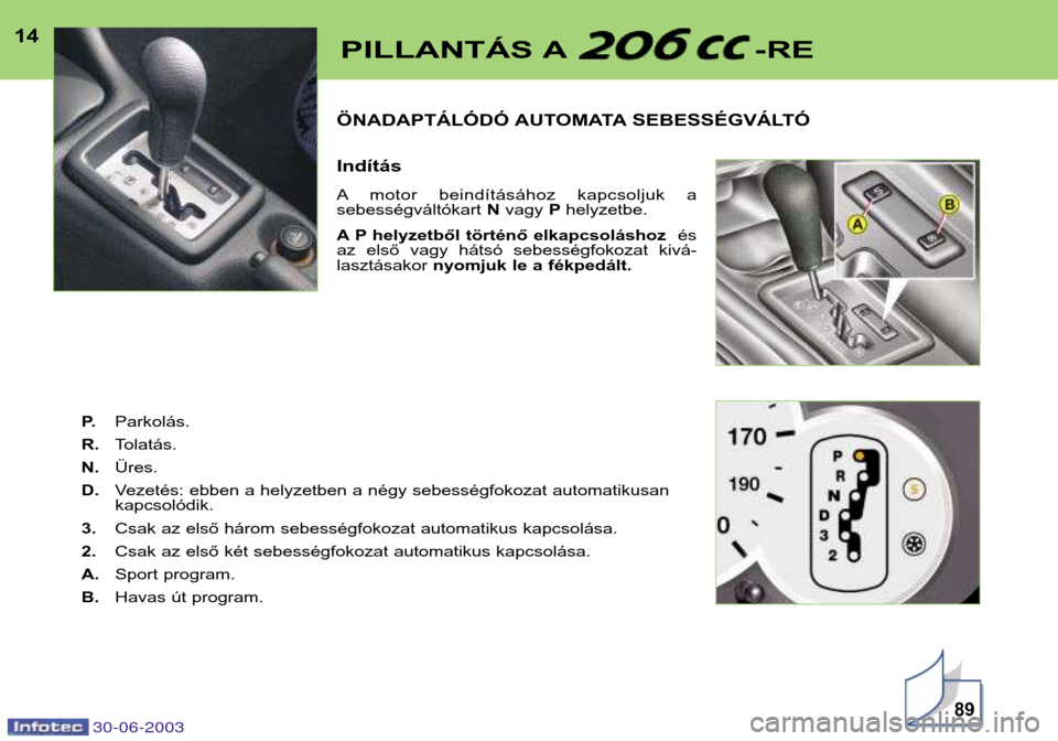 Peugeot 206 CC 2003 Kezelési útmutató (in Hungarian) 30-06-2003
ÖNADAPTÁLÓDÓ AUTOMATA SEBESSÉGVÁLTÓ Indítás
A motor beindításához kapcsoljuk a sebességváltókart N vagy Phelyzetbe.
A P helyzetből történő elkapcsoláshoz és
az Peugeot 206 CC 2003 Kezelési útmutató (in Hungarian) 30-06-2003
ÖNADAPTÁLÓDÓ AUTOMATA SEBESSÉGVÁLTÓ Indítás
A motor beindításához kapcsoljuk a sebességváltókart N vagy Phelyzetbe.
A P helyzetből történő elkapcsoláshoz és
az
