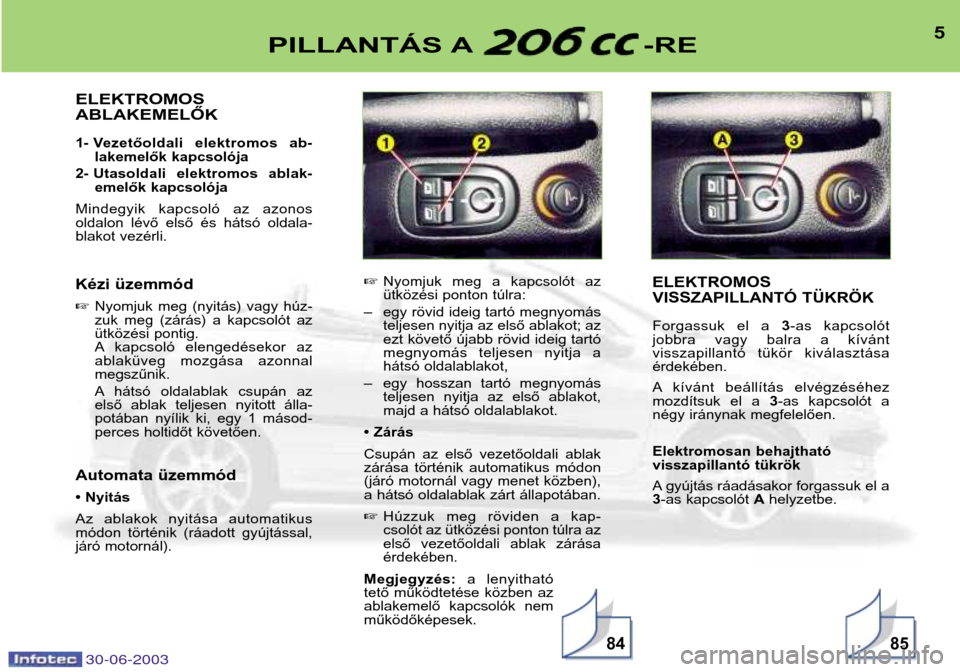 Peugeot 206 CC 2003  Kezelési útmutató (in Hungarian) 30-06-20038584
5PILLANTÁS A -RE
ELEKTROMOS  ABLAKEMELŐK
1- Vezetőoldali  elektromos  ab-lakemelők kapcsolója
2- Utasoldali  elektromos  ablak- emelők kapcsolója
Mindegyik  kapcsoló  az  azonos