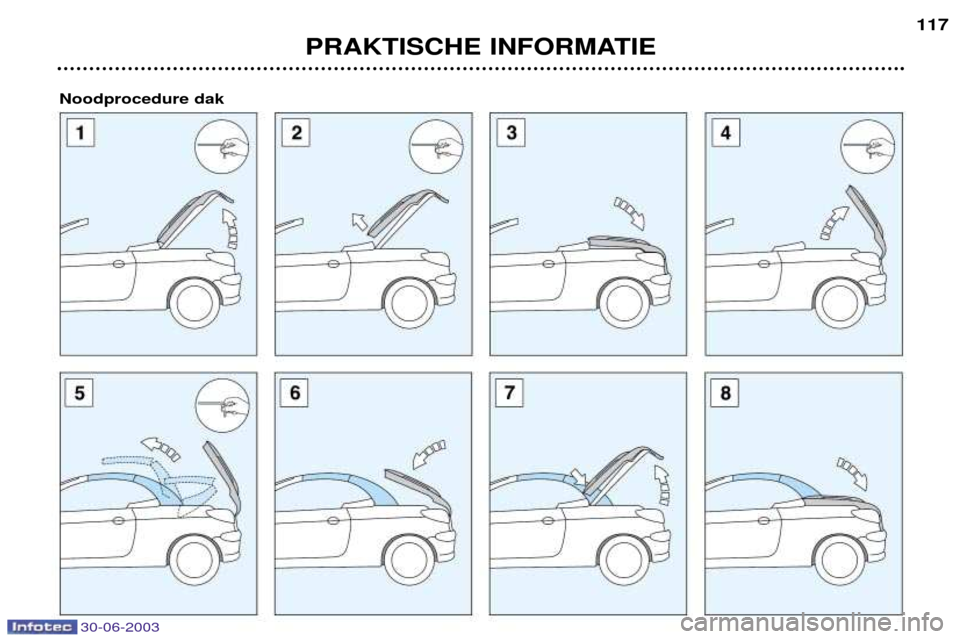 Peugeot 206 CC 2003 Handleiding (in Dutch) PRAKTISCHE INFORMATIE117
30-06-2003
Noodprocedure dak Peugeot 206 CC 2003 Handleiding (in Dutch) PRAKTISCHE INFORMATIE117
30-06-2003
Noodprocedure dak