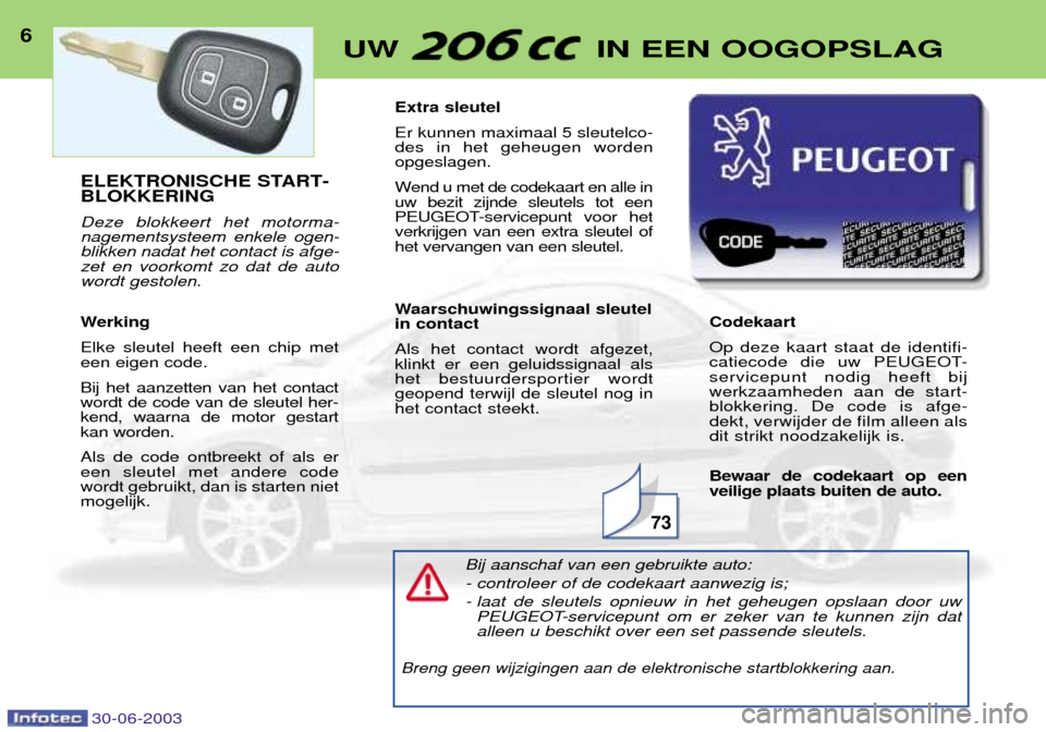 Peugeot 206 CC 2003  Handleiding (in Dutch) 30-06-2003
6UW  IN EEN OOGOPSLAG
Bij aanschaf van een gebruikte auto: - controleer of de codekaart aanwezig is;
- laat de sleutels opnieuw in het geheugen opslaan door uwPEUGEOT-servicepunt om er zeke