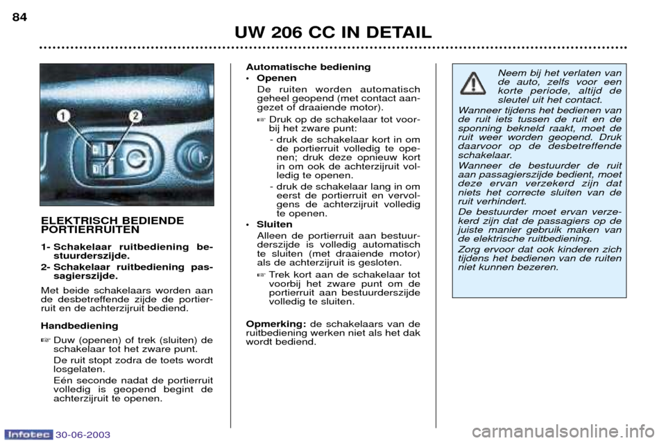 Peugeot 206 CC 2003 Handleiding (in Dutch) 30-06-2003
UW 206 CC IN DETAIL
84
ELEKTRISCH BEDIENDE PORTIERRUITEN
1- Schakelaar ruitbediening be-
stuurderszijde.
2- Schakelaar ruitbediening pas- sagierszijde.
Met beide schakelaars worden aan
Peugeot 206 CC 2003 Handleiding (in Dutch) 30-06-2003
UW 206 CC IN DETAIL
84
ELEKTRISCH BEDIENDE PORTIERRUITEN
1- Schakelaar ruitbediening be-
stuurderszijde.
2- Schakelaar ruitbediening pas- sagierszijde.
Met beide schakelaars worden aan