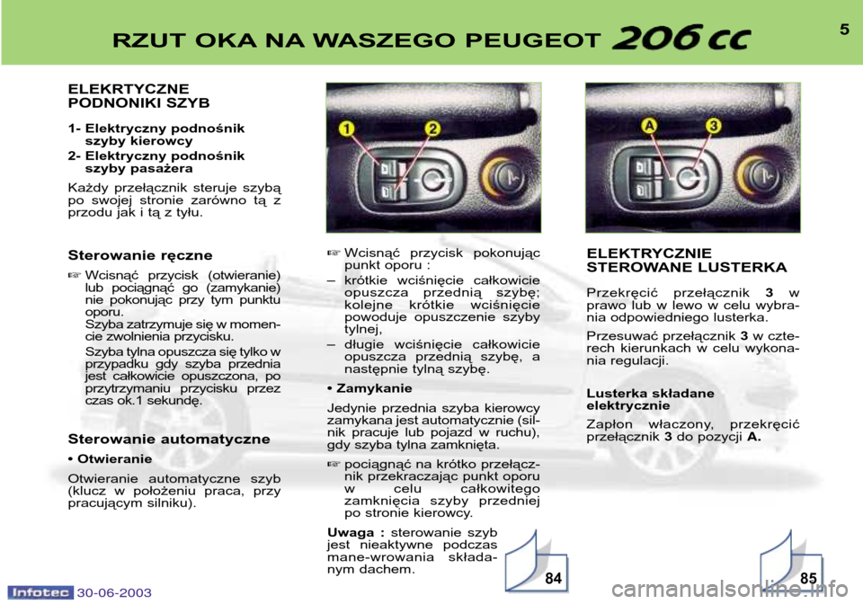 Peugeot 206 CC 2003  Instrukcja Obsługi (in Polish) 30-06-20038584
5RZUT OKA NA WASZEGO PEUGEOT 
ELEKRTYCZNE  
PODNONIKI SZYB 
1- Elektryczny podnośnikszyby kierowcy
2- Elektryczny podnośnik szyby pasażera
Każdy  przełącznik  steruje  szybą 
po 