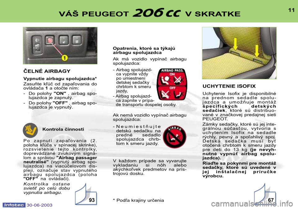 Peugeot 206 CC 2003 Užívateľská príručka (in Slovak) 30-06-2003
11VÁŠ PEUGEOT V SKRATKE
9367
ČELNÉ AIRBAGY
Vypnutie airbagu spolujazdca*
Zasuňte kľúč od zapaľovania do ovládača 1a otočte ním:
- Do polohy "ON", airbag spo-
lujazd Peugeot 206 CC 2003 Užívateľská príručka (in Slovak) 30-06-2003
11VÁŠ PEUGEOT V SKRATKE
9367
ČELNÉ AIRBAGY
Vypnutie airbagu spolujazdca*
Zasuňte kľúč od zapaľovania do ovládača 1a otočte ním:
- Do polohy "ON", airbag spo-
lujazd