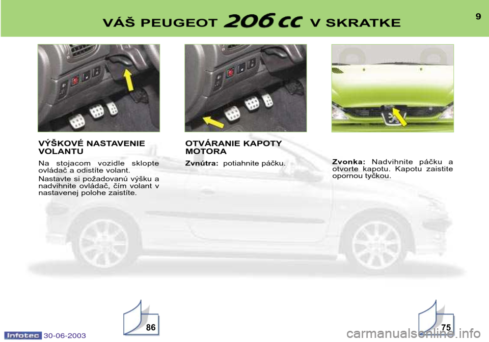 Peugeot 206 CC 2003  Užívateľská príručka (in Slovak) 30-06-2003
9VÁŠ PEUGEOT  V SKRATKE
8675
VÝŠKOVÉ NASTAVENIE VOLANTU 
Na  stojacom  vozidle  sklopte 
ovládač a odistíte volant.  
Nastavte  si  požadovanú  výšku  a 
nadvihnite  ovládač, 