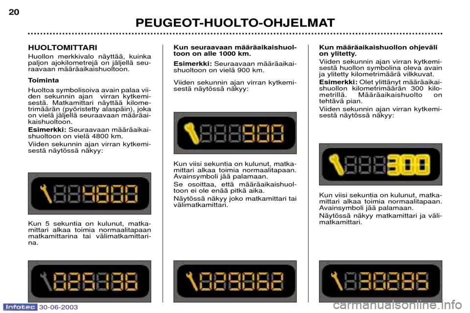 Peugeot 206 CC 2003  Omistajan käsikirja (in Finnish) 30-06-2003
PEUGEOT-HUOLTO-OHJELMAT
20
HUOLTOMITTARI Huollon merkkivalo nŠyttŠŠ, kuinka paljon ajokilometrejŠ on jŠljellŠ seu-raavaan mŠŠrŠaikaishuoltoon. 
Toiminta Huoltoa symbolisoiva avain 