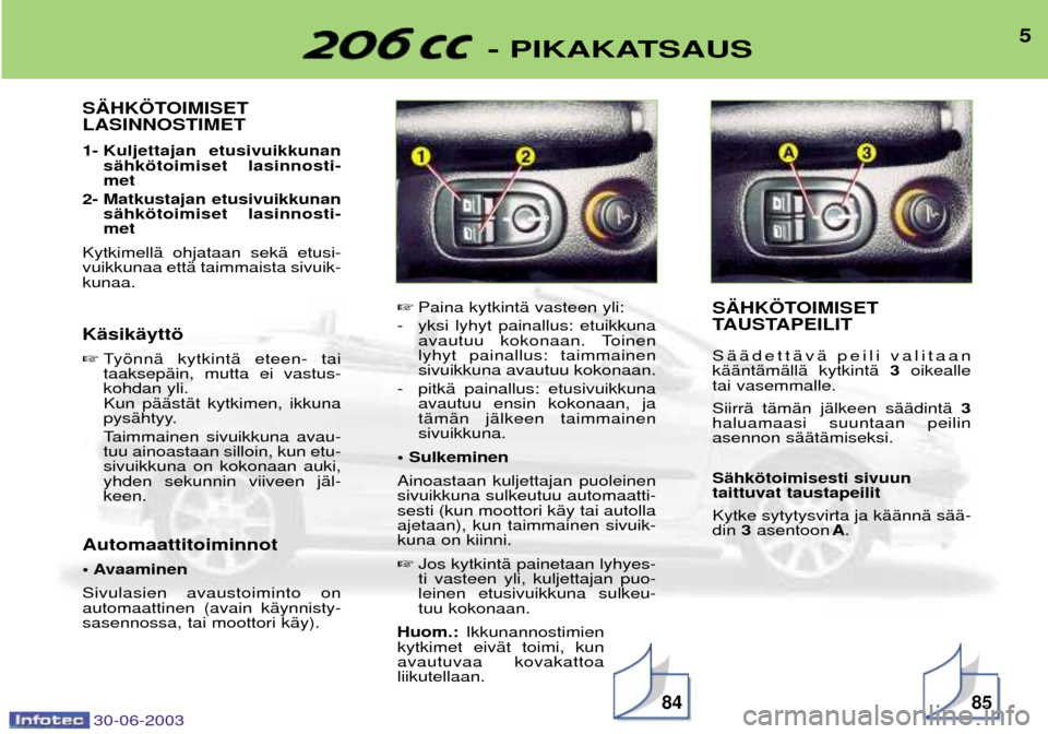 Peugeot 206 CC 2003  Omistajan käsikirja (in Finnish) 30-06-20038584
5- PIKAKATSAUS
S€HK…TOIMISET  LASINNOSTIMET 
1- Kuljettajan  etusivuikkunansŠhkštoimiset lasinnosti- met
2- Matkustajan etusivuikkunan sŠhkštoimiset lasinnosti-met
KytkimellŠ o