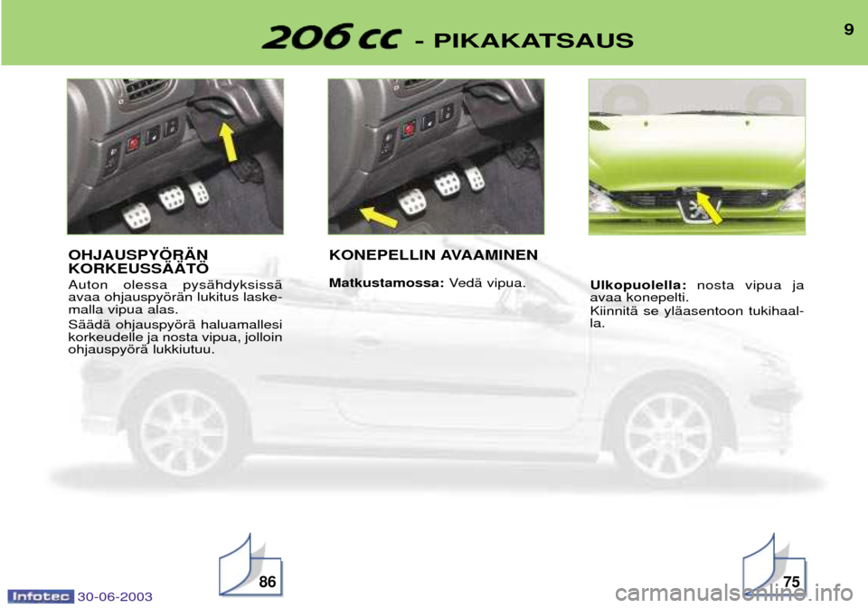 Peugeot 206 CC 2003  Omistajan käsikirja (in Finnish) 30-06-2003
9- PIKAKATSAUS
8675
OHJAUSPY…R€N KORKEUSS€€T… Auton olessa pysŠhdyksissŠ avaa ohjauspyšrŠn lukitus laske-malla vipua alas. SŠŠdŠ ohjauspyšrŠ haluamallesi korkeudelle ja n