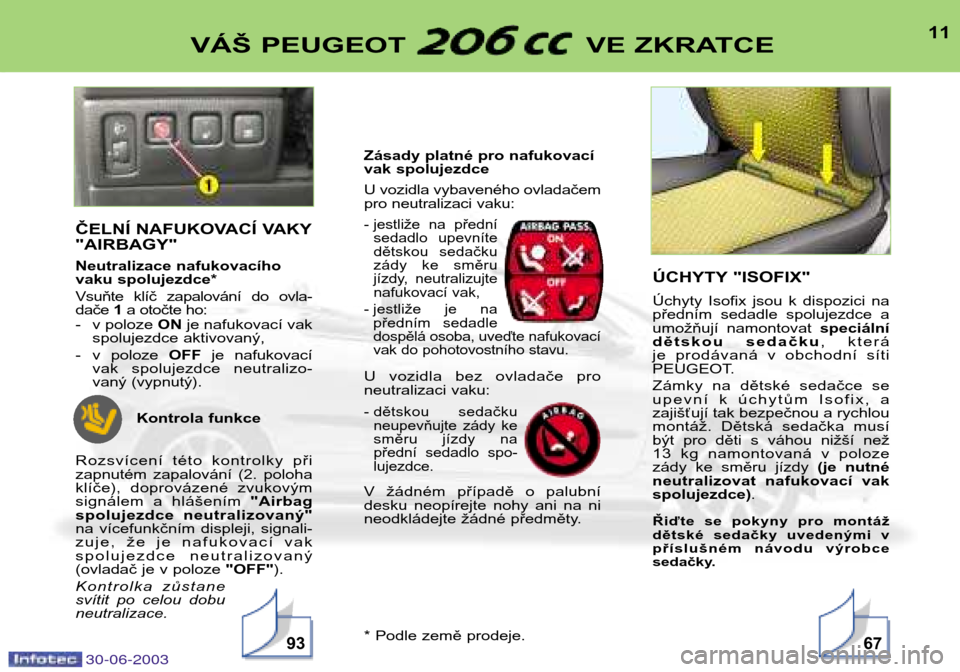 Peugeot 206 CC 2003  Návod k obsluze (in Czech) 30-06-2003
11VÁŠ PEUGEOT  VE ZKRATCE
9367
ČELNÍ NAFUKOVACÍ VAKY "AIRBAGY" 
Neutralizace nafukovacího 
vaku spolujezdce* 
Vsuňte  klíč  zapalování  do  ovla- dače 1a otočte ho:
- v poloze 