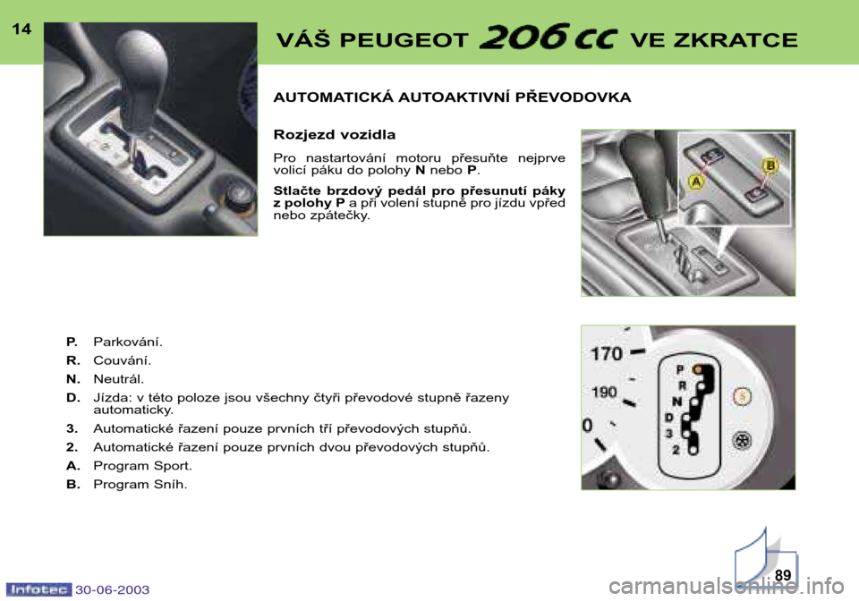 Peugeot 206 CC 2003  Návod k obsluze (in Czech) 30-06-2003
AUTOMATICKÁ AUTOAKTIVNÍ PŘEVODOVKA 
Rozjezd vozidla 
Pro  nastartování  motoru  přesuňte  nejprve 
volicí páku do polohy Nnebo  P.
Stlačte  brzdový  pedál  pro  přesunutí  pá