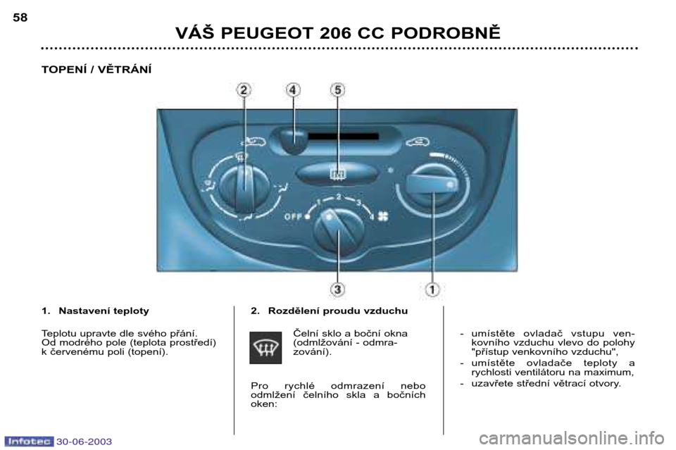 Peugeot 206 CC 2003  Návod k obsluze (in Czech) 30-06-2003
VÁŠ PEUGEOT 206 CC PODROBNĚ
58
TOPENÍ / VĚTRÁNÍ
2. Rozdělení proudu vzduchuČelní sklo a boční okna 
(odmlžování - odmra-zování).
Pro  rychlé  odmrazení  nebo
odmlžení 