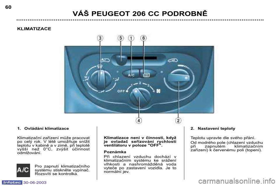 Peugeot 206 CC 2003  Návod k obsluze (in Czech) 30-06-2003
VÁŠ PEUGEOT 206 CC PODROBNĚ
60
KLIMATIZACE
1. Ovládání klimatizace 
Klimatizační zařízení může pracovat 
po  celý  rok.  V  létě  umožňuje  snížit
teplotu v kabině a v 