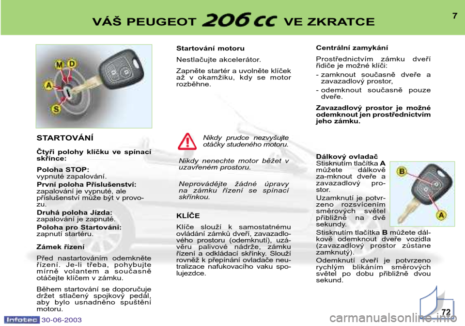 Peugeot 206 CC 2003  Návod k obsluze (in Czech) 30-06-2003
7VÁŠ PEUGEOT  VE ZKRATCE
72
Startování motoru  
Nestlačujte akcelerátor.
Zapněte startér a uvolněte klíček 
až  v  okamžiku,  kdy  se  motorrozběhne. KLÍČE 
Klíče  slouž�