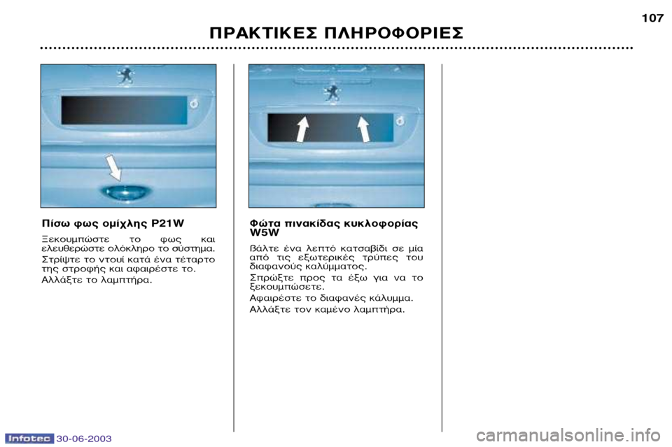 Peugeot 206 CC 2003  Εγχειρίδιο χρήσης (in Greek) 30-06-2003
¶ƒ∞∫∆π∫∂™ ¶§∏ƒ√º√ƒπ∂™107
¶›Ûˆ Êˆ˜ ÔÌ›¯ÏË˜ P21W 
•ÂÎÔ˘ÌÒÛÙÂ  ÙÔ  Êˆ˜  Î·È 
ÂÏÂ˘ıÂÚÒÛÙÂ ÔÏﬁÎÏËÚÔ ÙÔ 