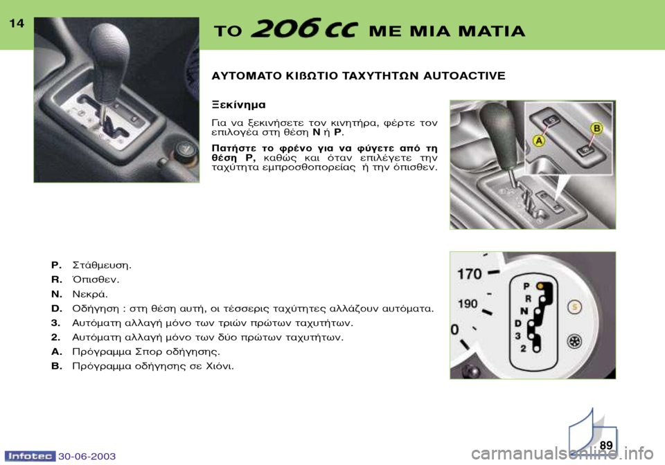 Peugeot 206 CC 2003 Εγχειρίδιο χρήσης (in Greek) 30-06-2003
∞À∆√ª∞∆√ ∫πßø∆π√ ∆∞ÃÀ∆∏∆ø¡ AUTOACTIVE •ÂΛÓËÌ·
°È· Ó· ÍÂÎÈÓ‹ÛÂÙ ÙÔÓ ÎÈÓËÙ‹Ú·, ʤÚÙ ÙÔÓ
ÂÈ Peugeot 206 CC 2003 Εγχειρίδιο χρήσης (in Greek) 30-06-2003
∞À∆√ª∞∆√ ∫πßø∆π√ ∆∞ÃÀ∆∏∆ø¡ AUTOACTIVE •ÂΛÓËÌ·
°È· Ó· ÍÂÎÈÓ‹ÛÂÙ ÙÔÓ ÎÈÓËÙ‹Ú·, ʤÚÙ ÙÔÓ
ÂÈ