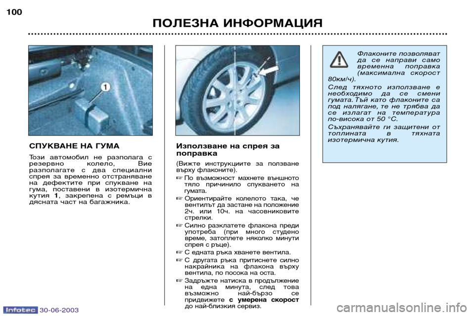 Peugeot 206 CC 2003  Ръководство за експлоатация (in Bulgarian) 30-06-2003
ПОЛЕЗНА ИНФОРМАЦИЯ
100
СПУКВАНЕ НА ГУМА 
Този  автомобил  не  разполага  с 
резервно  колело,  Вие
разполаг