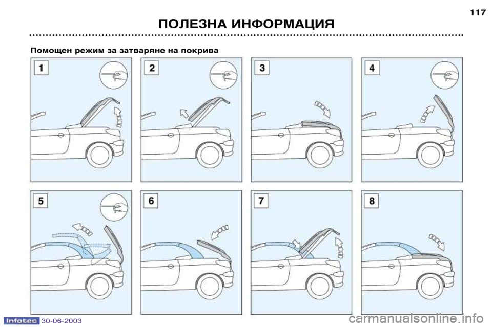 Peugeot 206 CC 2003  Ръководство за експлоатация (in Bulgarian) ПОЛЕЗНА ИНФОРМАЦИЯ117
30-06-2003
Помощен режим за затваряне на покрива   