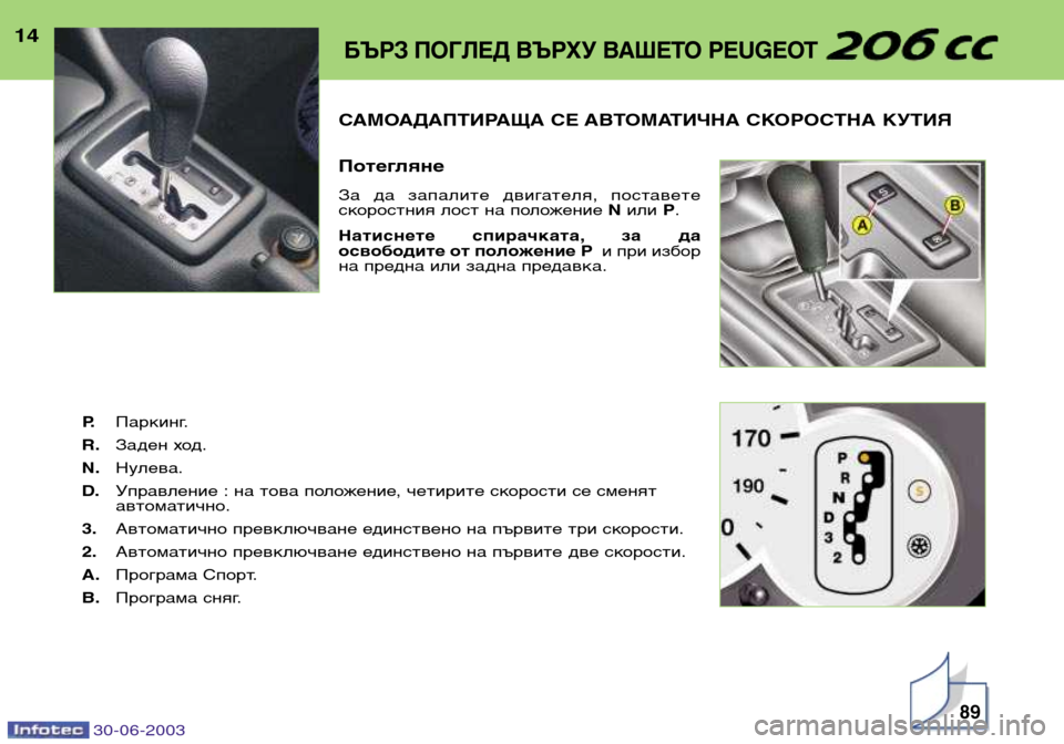 Peugeot 206 CC 2003  Ръководство за експлоатация (in Bulgarian) 30-06-2003
САМОАДАПТИРАЩА СЕ АВТОМАТИЧНА СКОРОСТНА КУТИЯ  
Потегляне 
За  да  запалите  двигателя,  поставете 
скор�