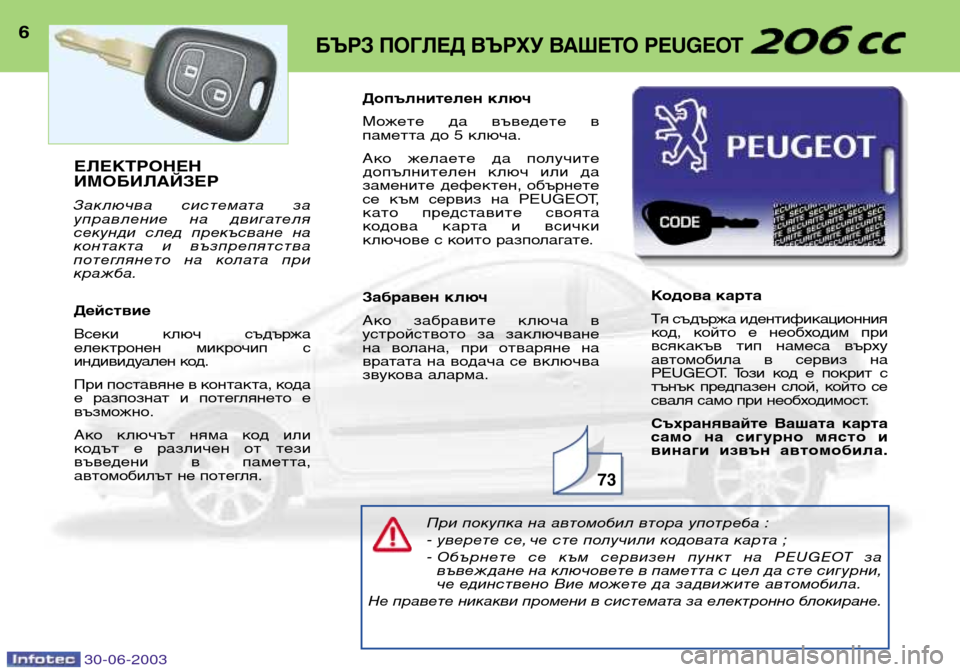 Peugeot 206 CC 2003  Ръководство за експлоатация (in Bulgarian) 30-06-2003
6БЪРЗ ПОГЛЕД ВЪРХУ ВАШЕТО PEUGEOT 
При покупка на автомобил втора употреба : 
- уверете се, че сте получили ко