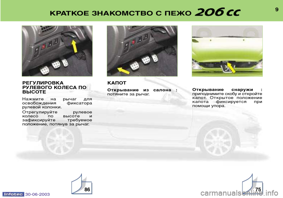 Peugeot 206 CC 2003  Инструкция по эксплуатации (in Russian) 30-06-2003
9КРАТКОЕ ЗНАКОМСТВО С ПЕЖО 
8675
РЕГУЛИРОВКА 
РУЛЕВОГО КОЛЕСА ПО
ВЫСОТЕ 
Нажмите  на  рычаг  для 
освобожде�