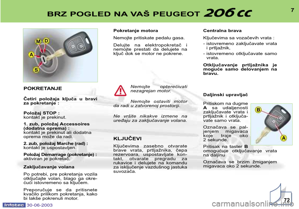 Peugeot 206 CC 2003  Упутство за употребу (in Serbian) 30-06-2003
7BRZ POGLED NA VAŠ PEUGEOT 
72
Pokretanje motora  
Nemojte pritiskate pedalu gasa.
Delujte  na  elektropokretač  i 
nemojte  prestati  da  delujete  na
ključ dok se motor ne pokrene. KLJ