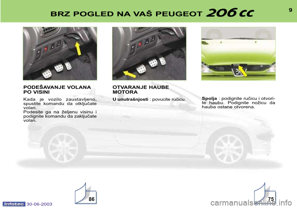 Peugeot 206 CC 2003  Упутство за употребу (in Serbian) 30-06-2003
9BRZ POGLED NA VAŠ PEUGEOT 
8675
PODEŠAVANJE VOLANA 
PO VISINI 
Kada  je  vozilo  zaustavljeno, 
spustite  komandu  da  otključatevolan.
Podesite  ga  na  željenu  visinu  ipodignite ko