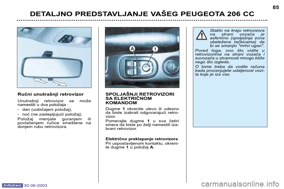 Peugeot 206 CC 2003  Упутство за употребу (in Serbian) 30-06-2003
DETALJNO PREDSTAVLJANJE VAŠEG PEUGEOTA 206 CC85
Ručni unutrašnji retrovizor 
Unutrašnji  retrovizor  se  može 
namestiti u dva položaja : 
- dan (uobičajeni položaj),
- noć (ne zas