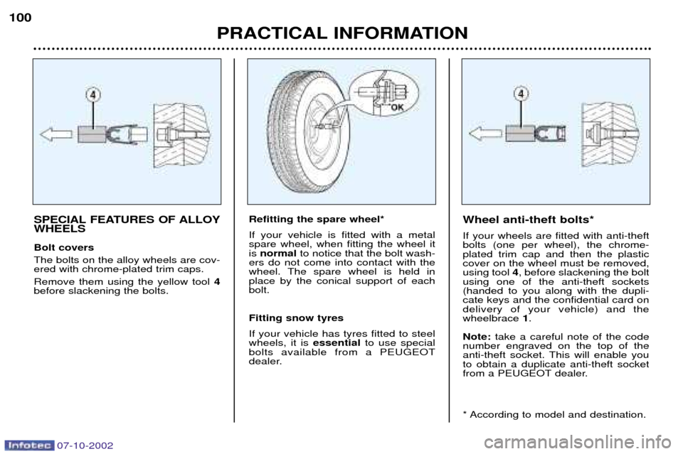 Peugeot 206 CC 2002.5  Owners Manual PRACTICAL INFORMATION
100
SPECIAL FEATURES OF ALLOY WHEELS Bolt covers The bolts on the alloy wheels are cov- ered with chrome-plated trim caps. Remove them using the yellow tool 
4
before slackening 