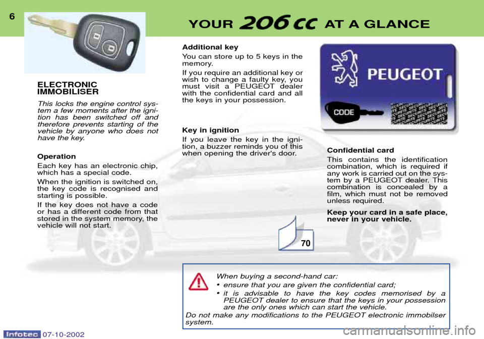 Peugeot 206 CC 2002.5  Owners Manual ELECTRONIC  IMMOBILISER This locks the engine control sys- tem a few moments after the igni-tion has been switched off andtherefore prevents starting of thevehicle by anyone who does not
have the key.