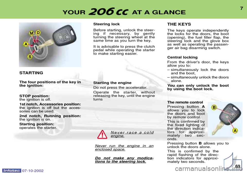 Peugeot 206 CC 2002.5  Owners Manual 7
YOUR AT A GLANCE
STARTING The four positions of the key in the ignition: 
STOP position: 
the ignition is off. 
1st notch, Accessories position: 
the ignition is off but the acces-sories can be used