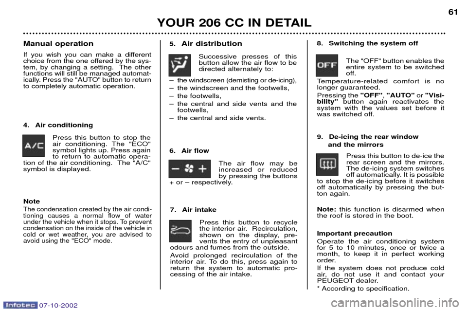 Peugeot 206 CC 2002.5  Owners Manual YOUR 206 CC IN DETAIL61
5.
Air distribution
Successive presses of this button allow the air flow to bedirected alternately to:
Ð the windscreen (demisting or de-icing), 
Ð the windscreen and the foo