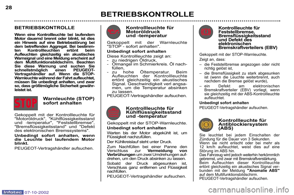 Peugeot 206 CC 2002.5  Betriebsanleitung (in German) BETRIEBSKONTROLLE
28
Kontrollleuchte für 
Feststellbremse,
Bremsflüssigkeitsstand
und Defekt des
elektronischen
Bremskraftverteilers (EBV)
Gekoppelt mit der STOP�Warnleuchte.   
Zeigt an, dass: 
–