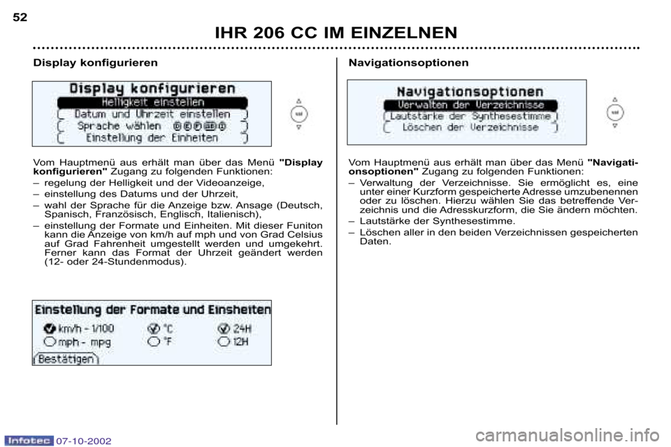 Peugeot 206 CC 2002.5  Betriebsanleitung (in German) IHR 206 CC IM EINZELNEN
52
Display konfigurieren  
Vom  Hauptmenü  aus  erhält  man  über  das  Menü 
"Display
konfigurieren" Zugang zu folgenden Funktionen:
– regelung der Helligkeit und der Vi