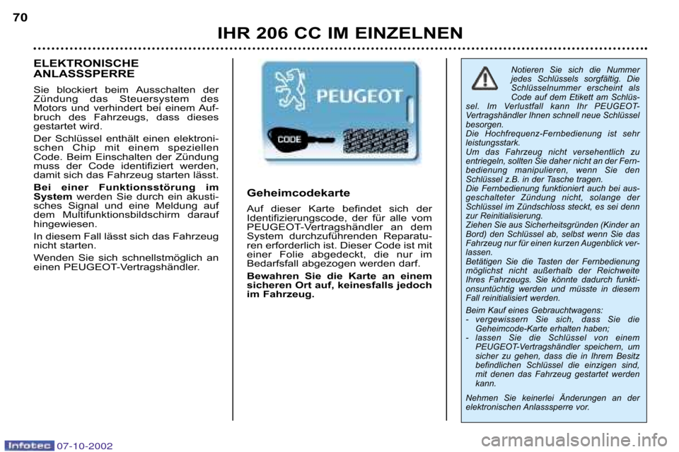 Peugeot 206 CC 2002.5  Betriebsanleitung (in German) IHR 206 CC IM EINZELNEN
70
Notieren  Sie  sich  die  Nummer 
jedes  Schlüssels  sorgfältig.  Die
Schlüsselnummer  erscheint  als
Code  auf  dem  Etikett  am  Schlüs�
sel.  Im  Verlustfall  kann  I