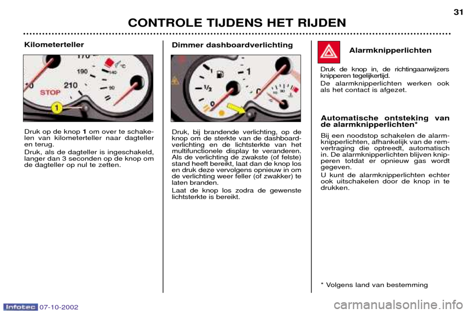 Peugeot 206 CC 2002.5  Handleiding (in Dutch) CONTROLE TIJDENS HET RIJDEN31
Alarmknipperlichten
Druk de knop in, de richtingaanwijzers knipperen tegelijkertijd. De alarmknipperlichten werken ook als het contact is afgezet.
Automatische ontsteking