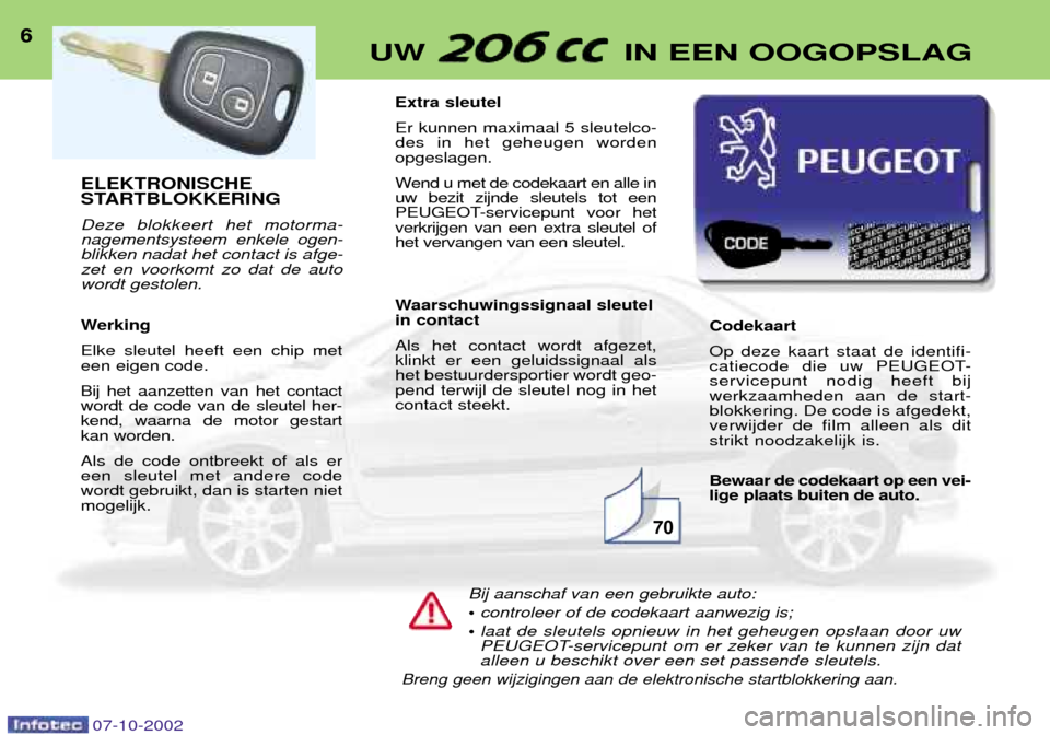 Peugeot 206 CC 2002.5  Handleiding (in Dutch) ELEKTRONISCHE 
STARTBLOKKERING Deze blokkeert het motorma- nagementsysteem enkele ogen-blikken nadat het contact is afge-zet en voorkomt zo dat de autowordt gestolen. 
Werking Elke sleutel heeft een c