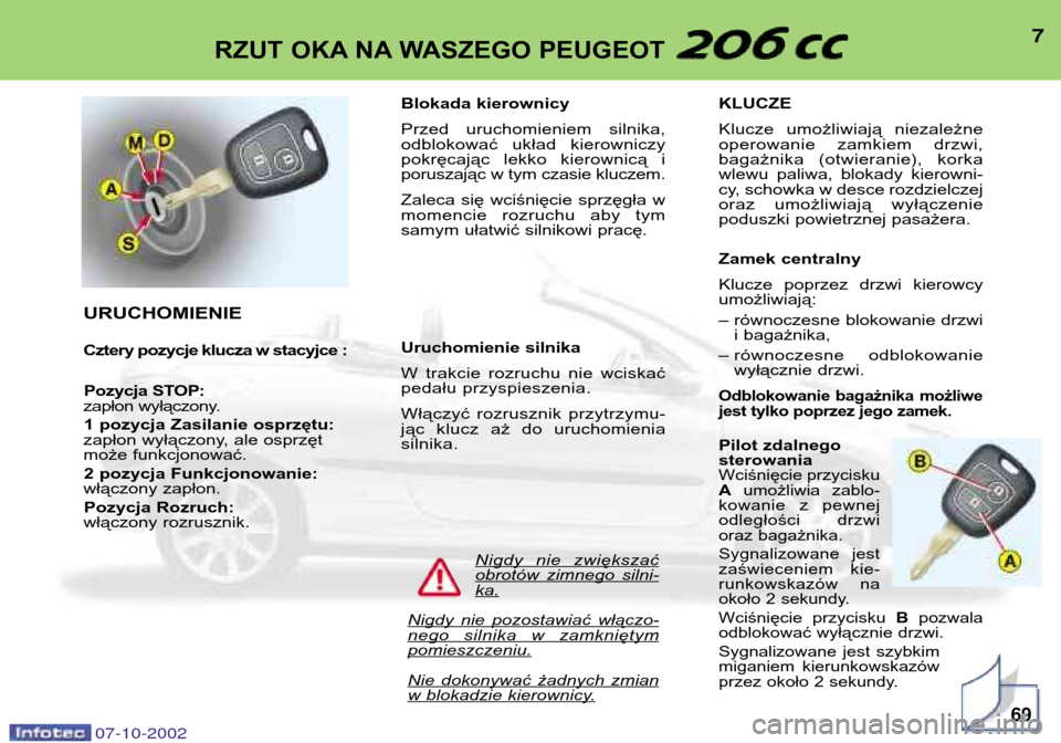 Peugeot 206 CC 2002.5  Instrukcja Obsługi (in Polish) 7RZUT OKA NA WASZEGO PEUGEOT
URUCHOMIENIE 
Cztery pozycje klucza w stacyjce :Pozycja STOP:
zapłon wyłączony.
1 pozycja Zasilanie osprzętu:
zapłon wyłączony, ale osprzęt 
może funkcjonować.
2