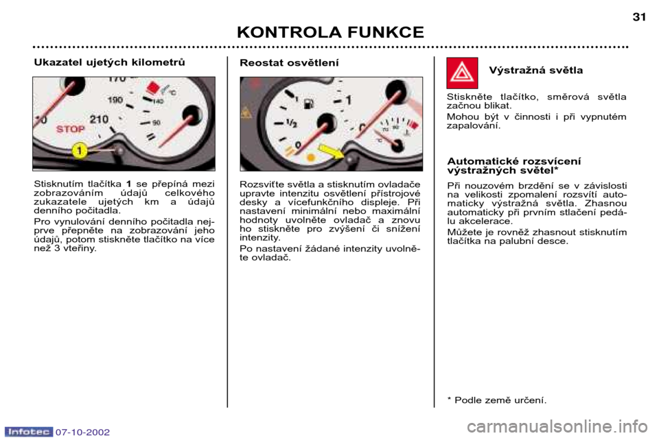 Peugeot 206 CC 2002.5  Návod k obsluze (in Czech) KONTROLA FUNKCE31
Výstražná světla
Stiskněte  tlačítko,  směrová  světla  
začnou blikat. 
Mohou  být  v  činnosti  i  při  vypnutém zapalování. 
Automatické rozsvícení
výstražn�
