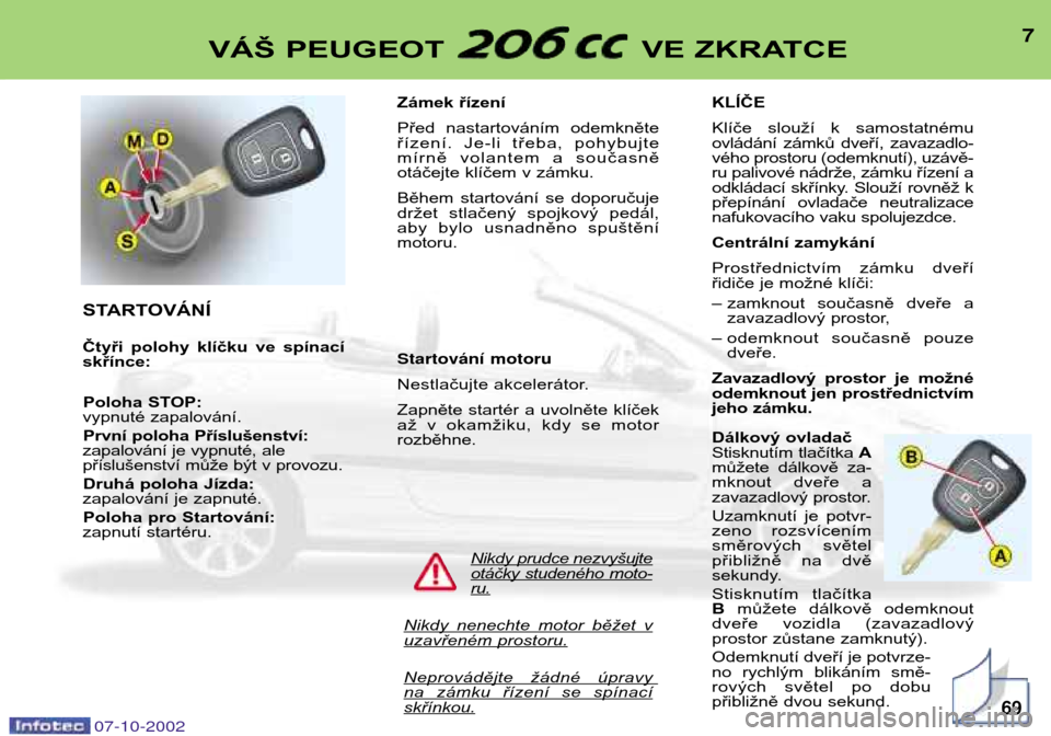 Peugeot 206 CC 2002.5  Návod k obsluze (in Czech) 7VÁŠ PEUGEOT  VE ZKRATCE
STARTOVÁNÍ 
Čtyři  polohy  klíčku  ve  spínací skřínce:Poloha STOP:
vypnuté zapalování.
První poloha Příslušenství:
zapalování je vypnuté, ale
příslu�
