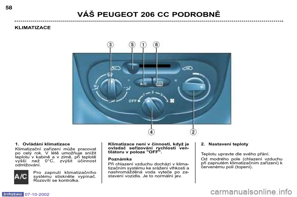 Peugeot 206 CC 2002.5  Návod k obsluze (in Czech) VÁŠ PEUGEOT 206 CC PODROBNĚ
58
KLIMATIZACE
1. Ovládání klimatizace 
Klimatizační  zařízení  může  pracovat 
po  celý  rok.  V  létě  umožňuje  snížit
teplotu  v  kabině  a  v  zim