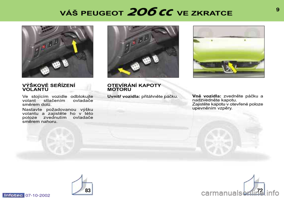 Peugeot 206 CC 2002.5  Návod k obsluze (in Czech) 9VÁŠ PEUGEOT  VE ZKRATCE
VÝŠKOVÉ SEŘÍZENÍ VOLANTU 
Ve  stojícím  vozidle  odblokujte 
volant  stlačením  ovladače
směrem dolů. 
Nastavte  požadovanou  výšku 
volantu  a  zajistěte  