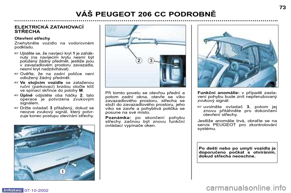 Peugeot 206 CC 2002.5  Návod k obsluze (in Czech) VÁŠ PEUGEOT 206 CC PODROBNĚ73
ELEKTRICKÁ ZATAHOVACÍ STŘECHA
Otevření střechy 
Znehybněte  vozidlo  na  vodorovném podkladu. 
Ujistěte se, že navíjecí kryt  1je zahák-
nutý  (na  nav�