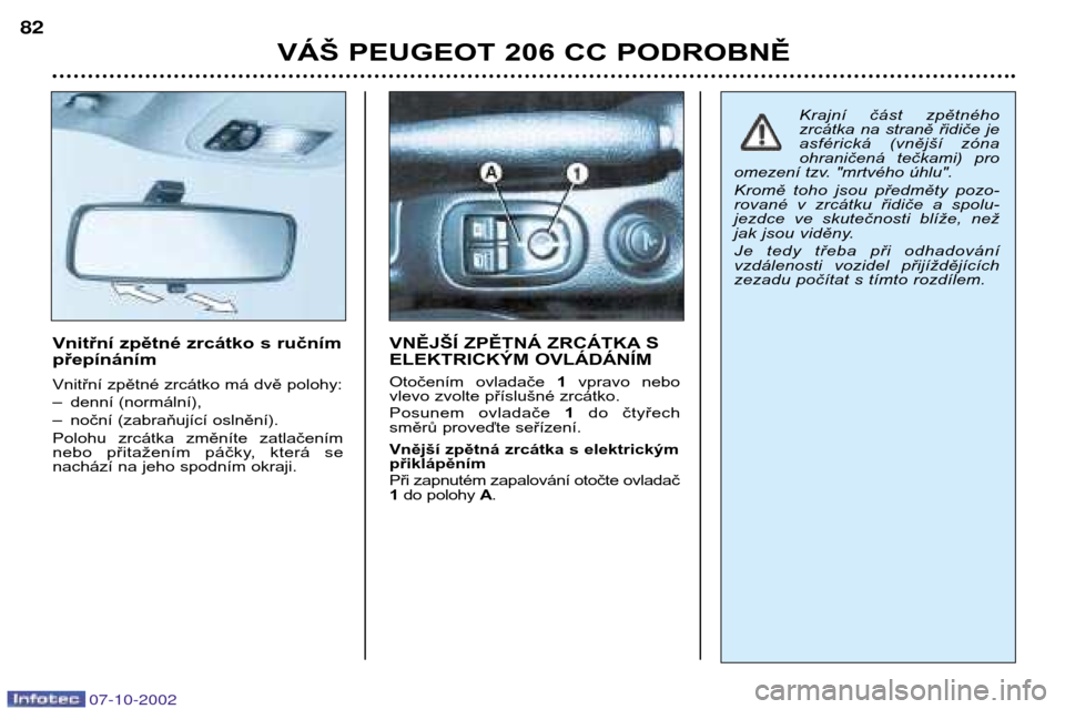 Peugeot 206 CC 2002.5  Návod k obsluze (in Czech) VÁŠ PEUGEOT 206 CC PODROBNĚ
82
Vnitřní zpětné zrcátko s ručním přepínáním 
Vnitřní zpětné zrcátko má dvě polohy: Ð
denní (normální),
Ð noční (zabraňující oslnění).
Pol