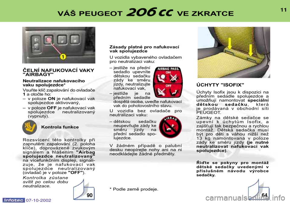 Peugeot 206 CC 2002.5  Návod k obsluze (in Czech) 11VÁŠ PEUGEOT  VE ZKRATCE
ČELNÍ NAFUKOVACÍ VAKY "AIRBAGY" Neutralizace nafukovac’ho vaku spolujezdce* 
Vsuňte klíč zapalování do ovladače 1a otočte ho:
– v poloze  ONje nafukovací vak