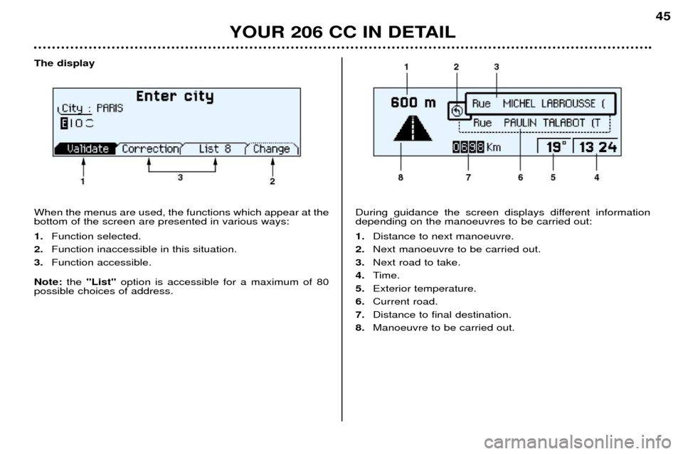 Peugeot 206 CC 2001.5 Service Manual YOUR 206 CC IN DETAIL45
The display When the menus are used, the functions which appear at the bottom of the screen are presented in various ways: 1.
Function selected.
2. Function inaccessible in thi