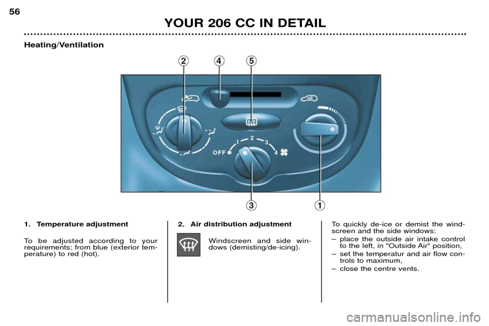 Peugeot 206 CC 2001.5  Owners Manual YOUR 206 CC IN DETAIL
56
Heating/Ventilation
2. Air distribution adjustmentWindscreen and side win- dows (demisting/de-icing). To quickly de-ice or demist the wind-screen and the side windows: 
Ð pla